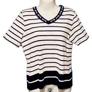 Vintage Allison Daley Women's Blouse Top Size M Petite blue white striped Design